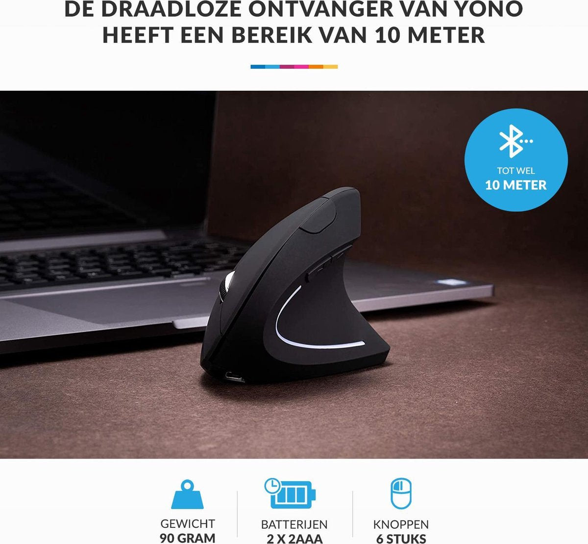 YONO Ergonomische Muis Rechtshandig – Verticale Laptop en Computermuis – Draadloos met USB Connector - Zwart