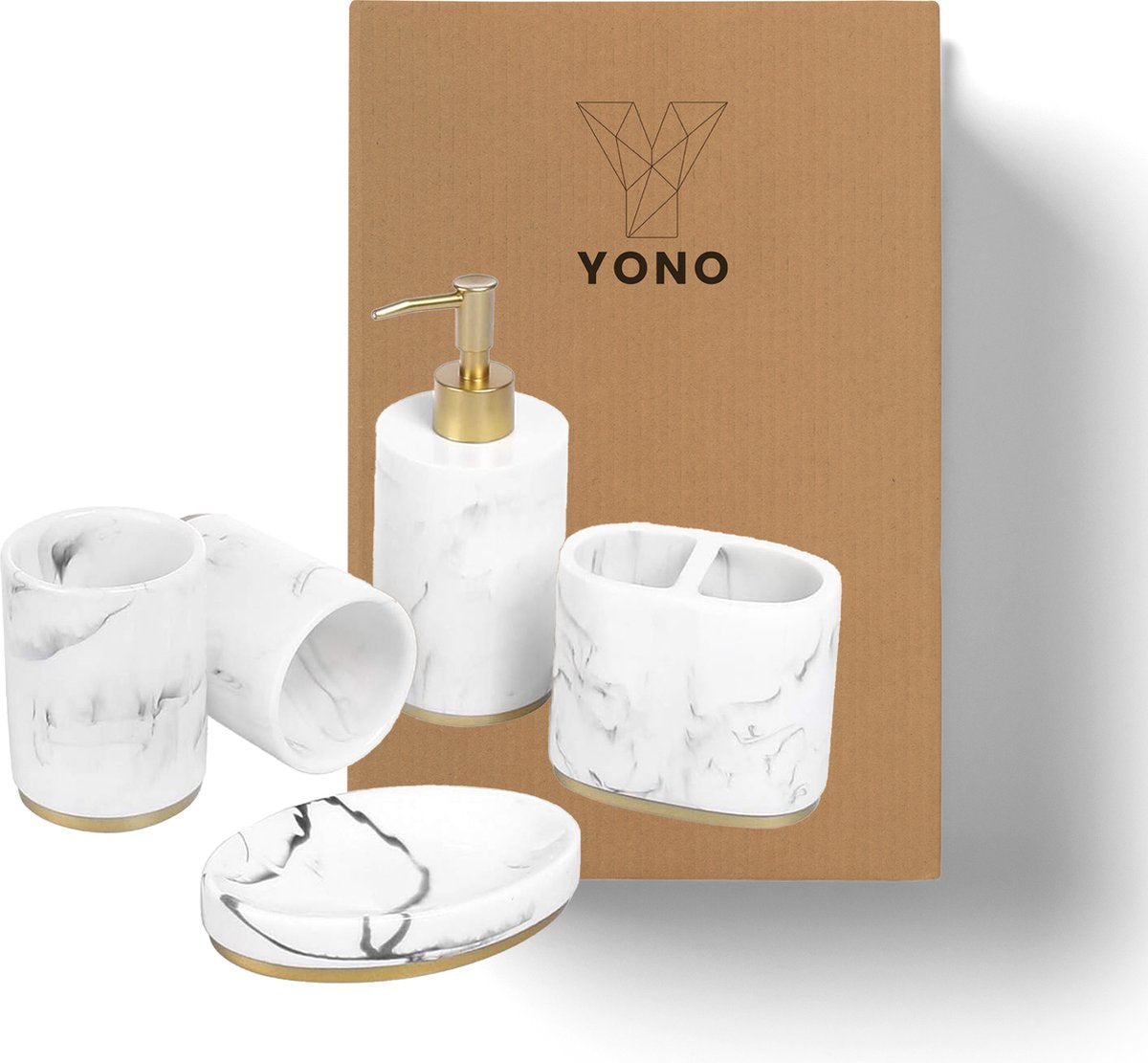 YONO Badkamer Accessoires Set - Zeeppompje - Zeepbakje - Tandenborstel Houder - Beker - Marmerlook Wit Goud