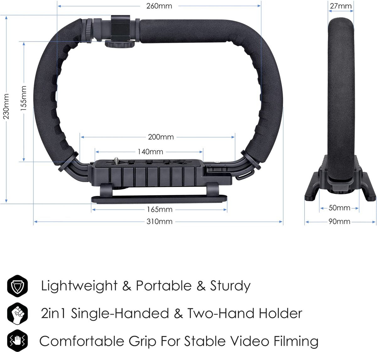 YONO Stabilisator Statief Handheld voor Camera en Accessoires - Professionele Stabilizer Handheld Beugel geschikt voor Actioncam / Smartphone / Videorecorder / Vlog / Youtube / Tiktok / Lamp / Microfoon - Zwart