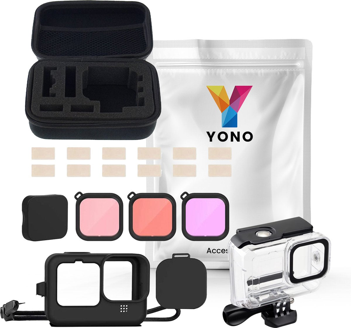 YONO Duik Accessoires Set geschikt voor GoPro Hero 12/11/10/9 - Case - Housing - Screen Protectors - Filters - Anti Fog inserts - 15in1