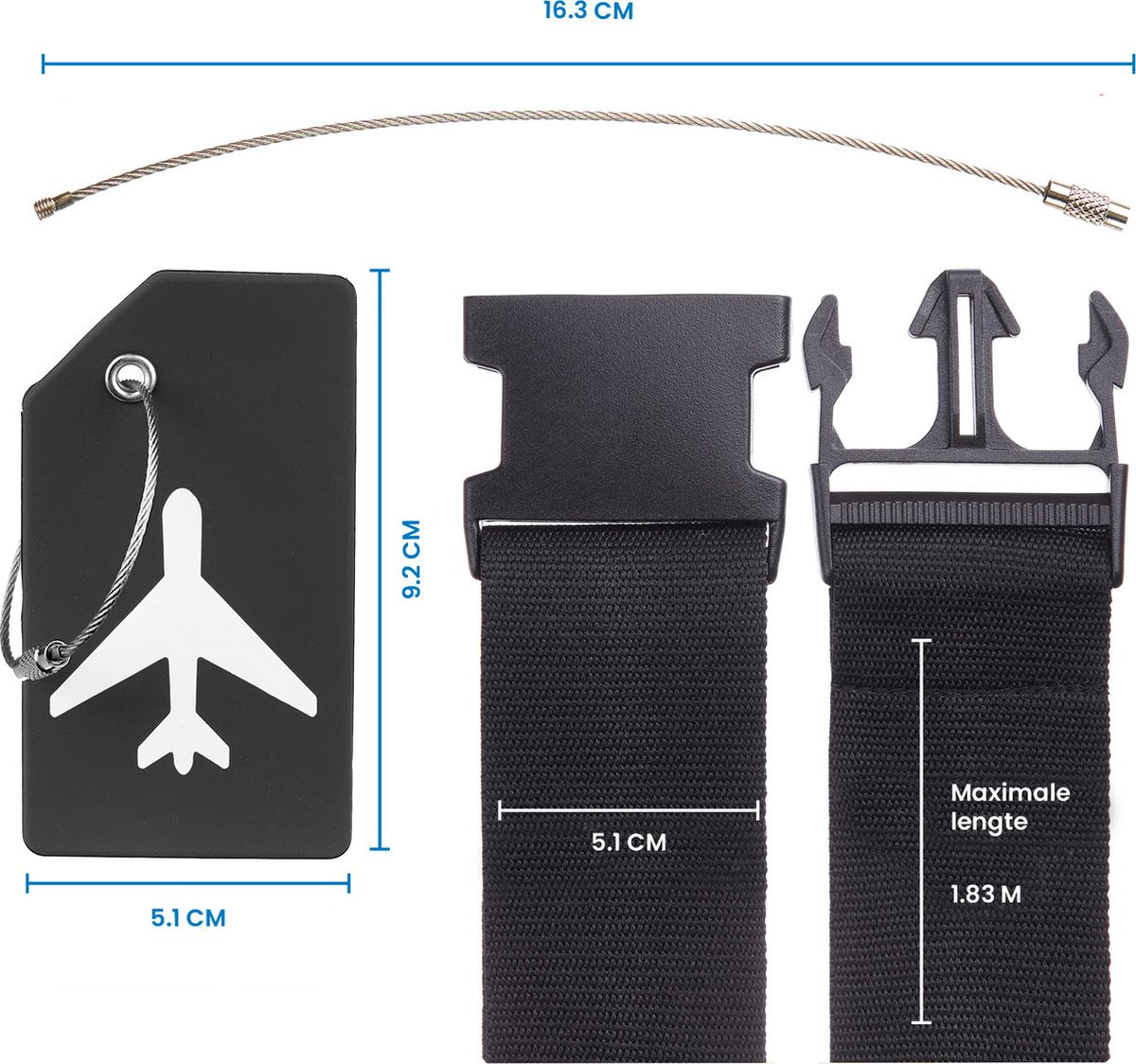 YONO Kofferriem met Kofferlabel - 2 Kofferband en 2 Bagagelabel - Dubbele Bagage Riem Verstelbaar - 4 Pack - Zwart