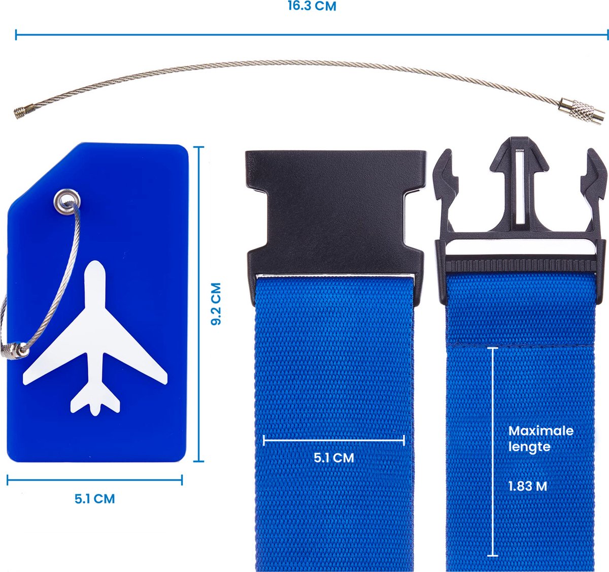 YONO Kofferriem met Kofferlabel - 2 Kofferband en 2 Bagagelabel - Dubbele Bagage Riem Verstelbaar - 4 Pack - Blauw