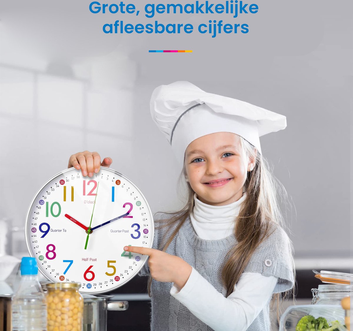 YONO Wandklok voor Kinderen - Leerklok met Kleuren Educatief - Klok Leren Kijken - Stil - Ø 30 cm