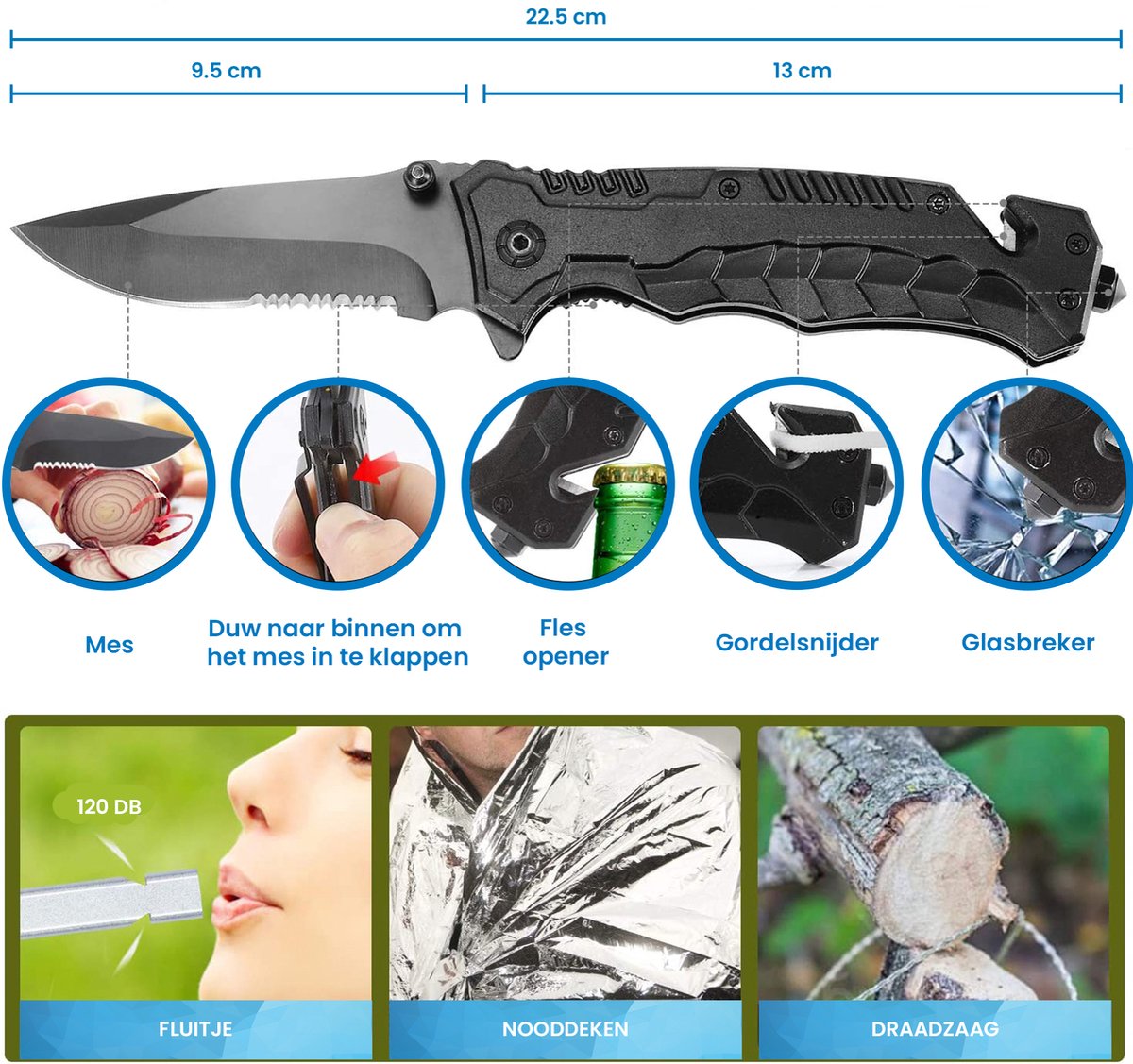 YONO Survival Kit Outdoor - Armband - Zakmes - Zaklamp - Vuurstarter - Kompas - Nooddeken en meer - XL Set