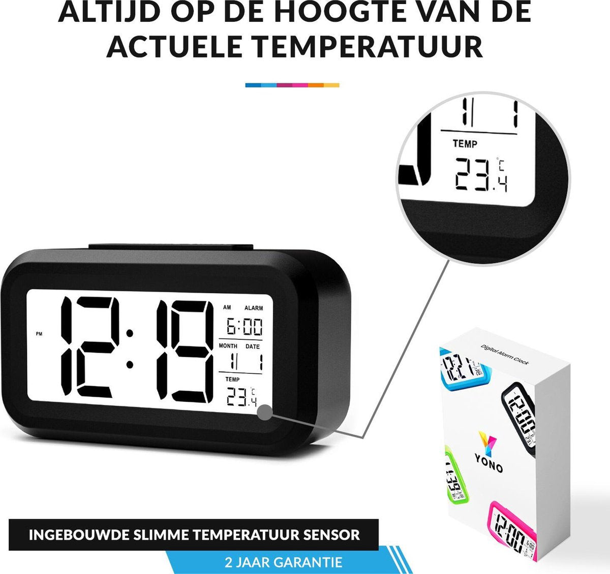 YONO Digitale Wekker - Alarm Klok met Temperatuur, Kalender en LED Verlichting - Zwart