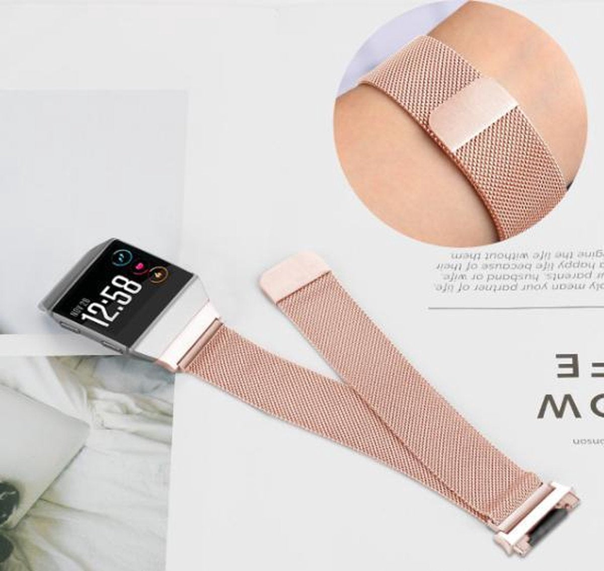 YONO Milanees Bandje Rose Gold geschikt voor Fitbit Ionic - Vervangende RVS Armband met Magneetsluiting – M/L