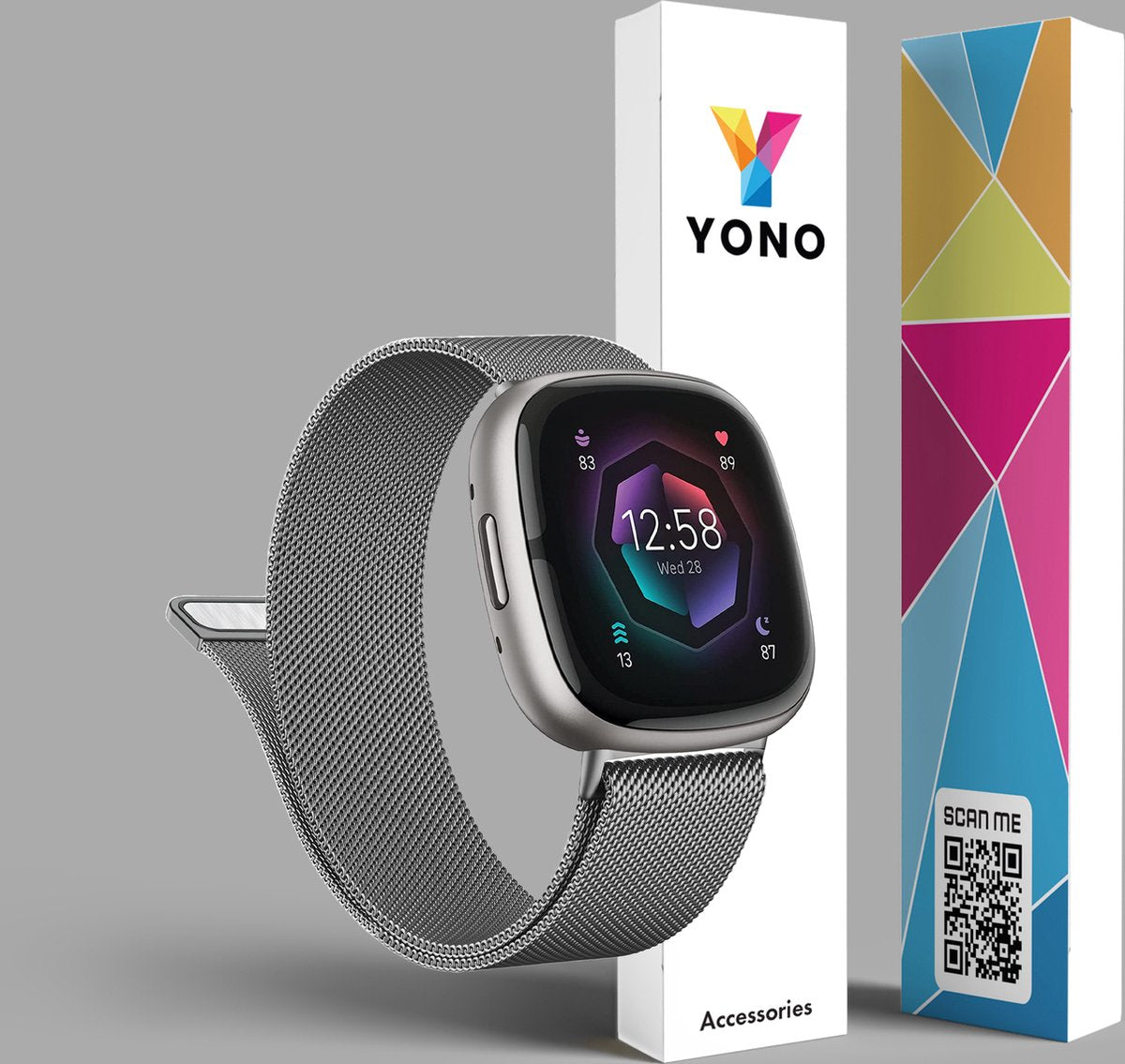 YONO Milanees Bandje geschikt voor Fitbit Versa 4 / Sense 2 – Grijs – Large