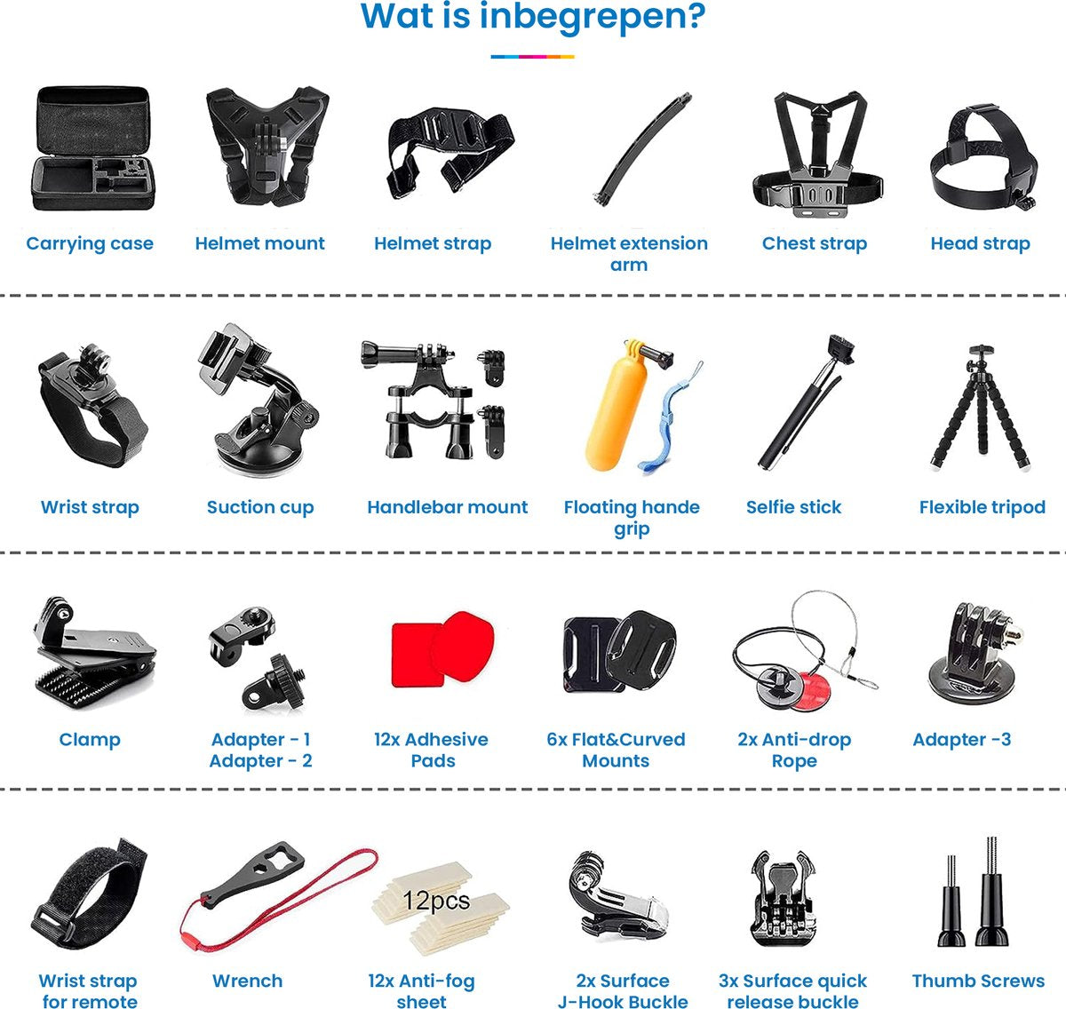 YONO Action Cam Accessoires Set XL - Geschikt voor GoPro Hero 8/9/10/11/12 - DJI Osmo Action 3/4 - Chest Mount / Stick / Case / Statief en meer - 70in1