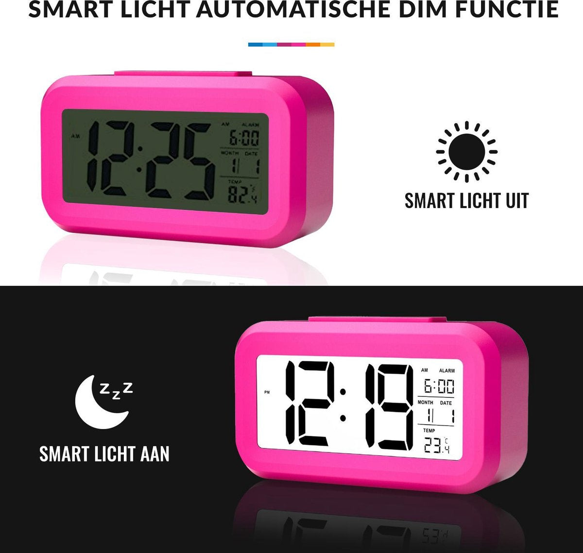 YONO Digitale Wekker - Alarm Klok met Temperatuur, Kalender en LED Verlichting - Roze