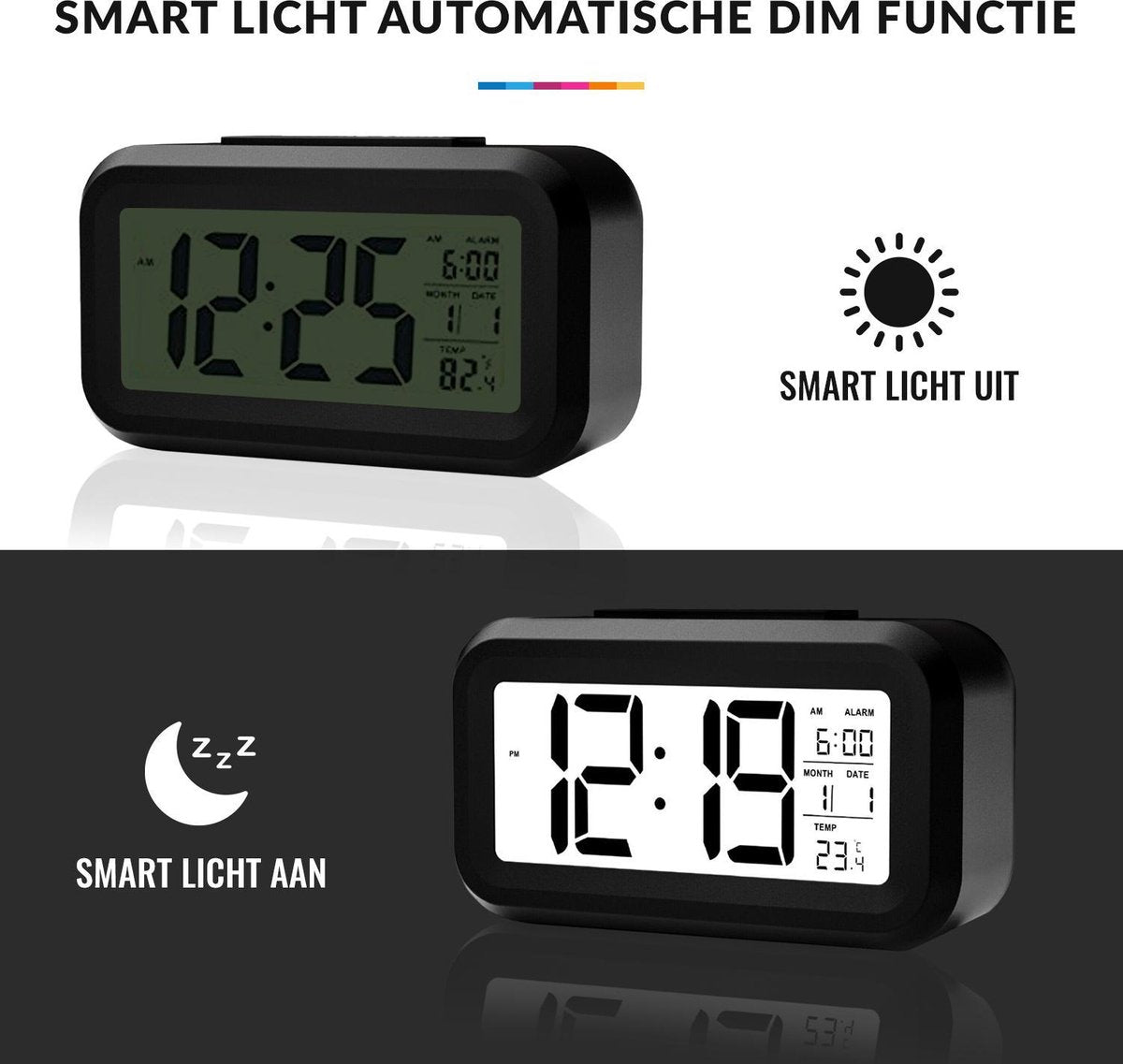 YONO Digitale Wekker - Alarm Klok met Temperatuur, Kalender en LED Verlichting - Zwart