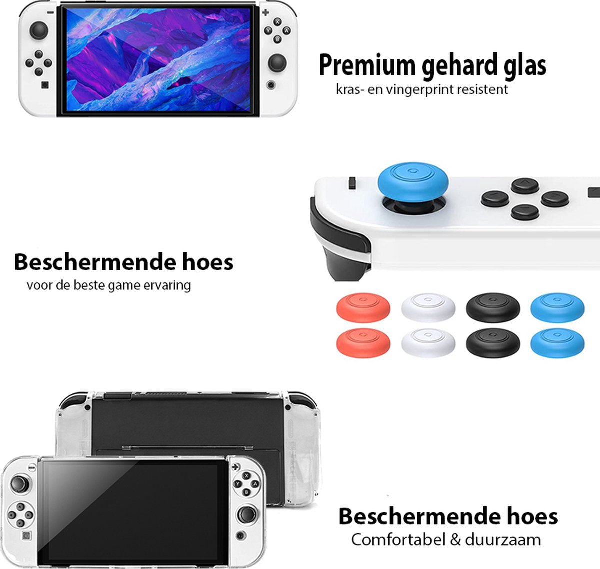YONO Accessoires Set geschikt voor Nintendo Switch OLED - Grip Case met Thumb Grips - Siliconen Houder geschikt voor Joy Con - Bescherm Hoes - Standaard - Screen Protector Set - 17in1