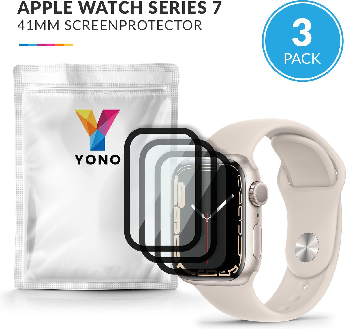 Screen protector geschikt voor Apple Watch Series 7 / 8 - 41mm - Curved Edges - Volledige Scherm Bescherming - 3-Pack