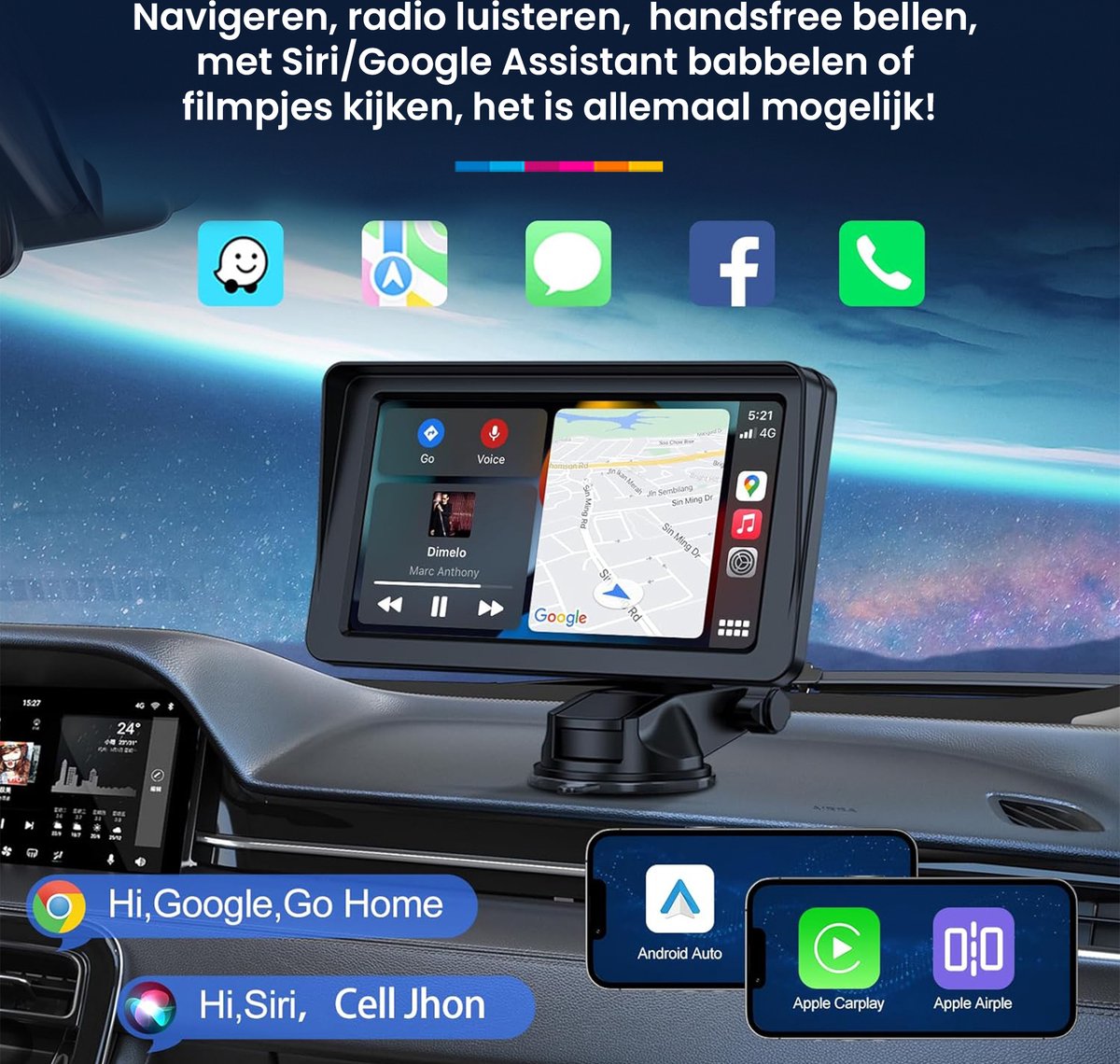 YONO Scherm geschikt voor Apple Carplay en Android Auto - Draadloos Autoradio Dongle - Bluetooth Multimedia Player - 7 inch