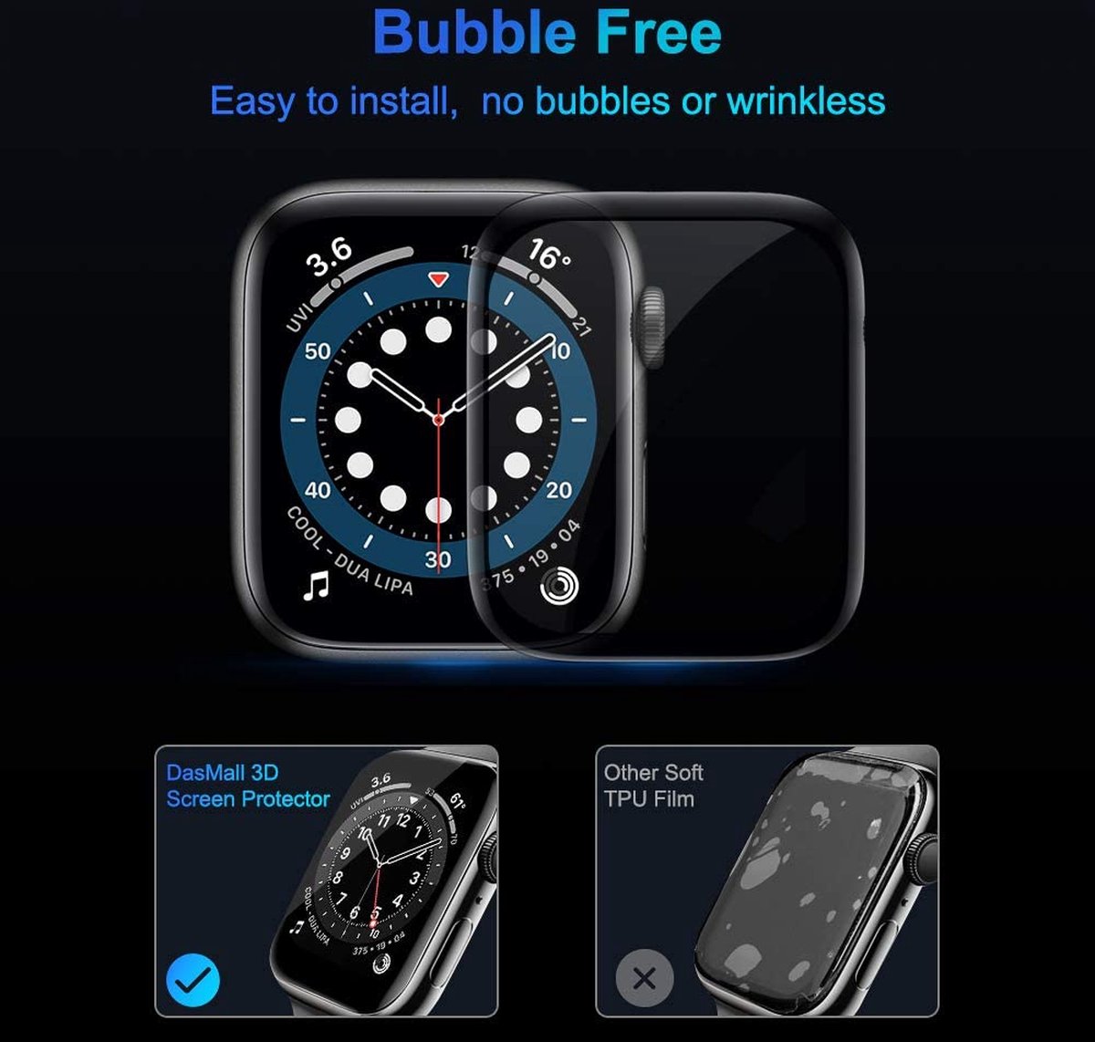 Screen protector geschikt voor Apple Watch - 44mm - Curved Edges - Volledige Bescherming - 3-Pack