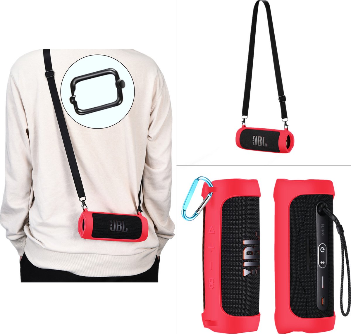 YONO Siliconen Hoes geschikt voor JBL Flip 6 / 5 - Case met Draagriem en Clip - Beschermhoes - Rood