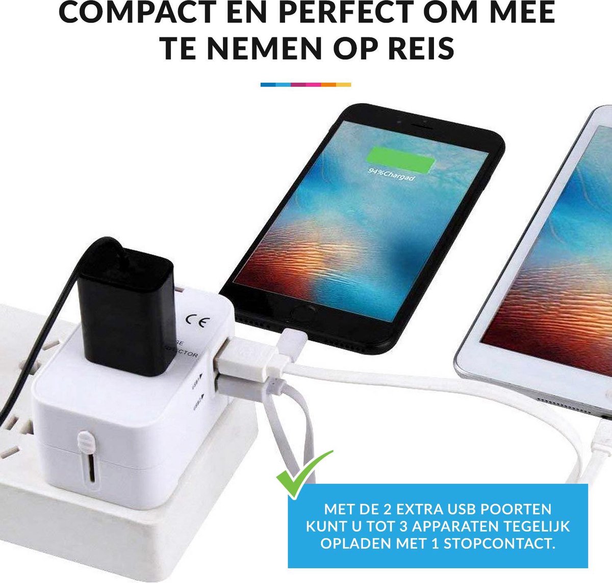 YONO Wereldstekker Universeel met 2 Fast Charge USB Poorten – Internationale Reisstekker geschikt voor 170+ Landen - Amerika/Engeland/UK/Italie/Australië/Japan/Type A/G – Wit