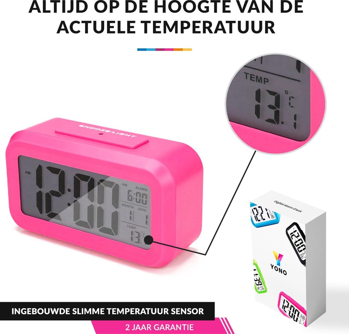 YONO Digitale Wekker - Alarm Klok met Temperatuur, Kalender en LED Verlichting - Roze