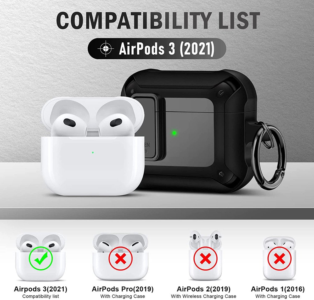 YONO Armor Hoesje geschikt voor Apple Airpods 3 (3e Generatie) - Hard Case met Lock en Clip - Zwart