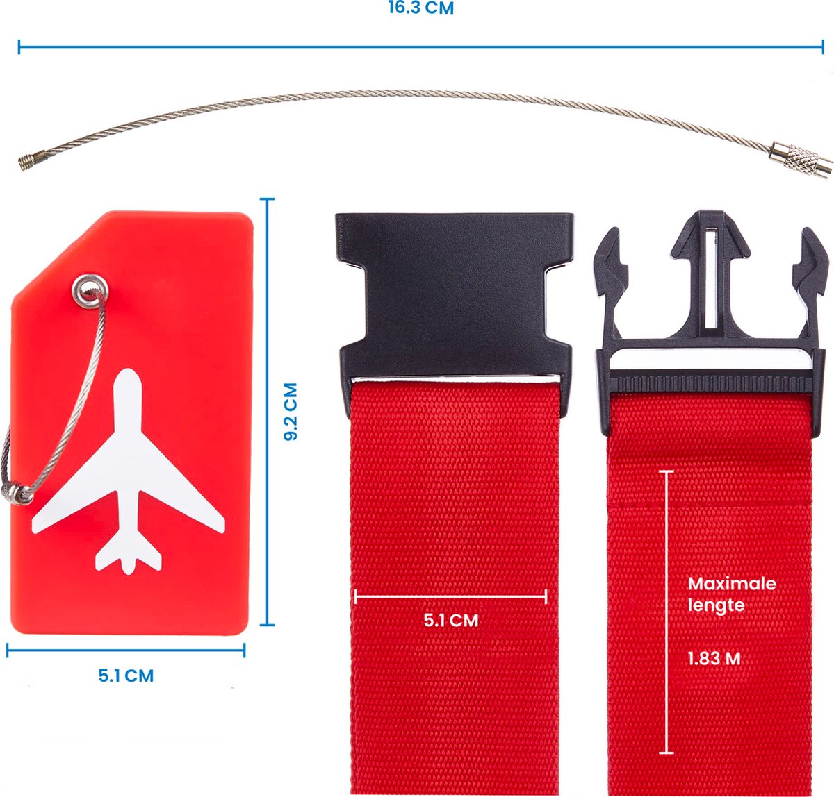 YONO Kofferriem met Kofferlabel - 2 Kofferband en 2 Bagagelabel - Dubbele Bagage Riem Verstelbaar - 4 Pack - Rood