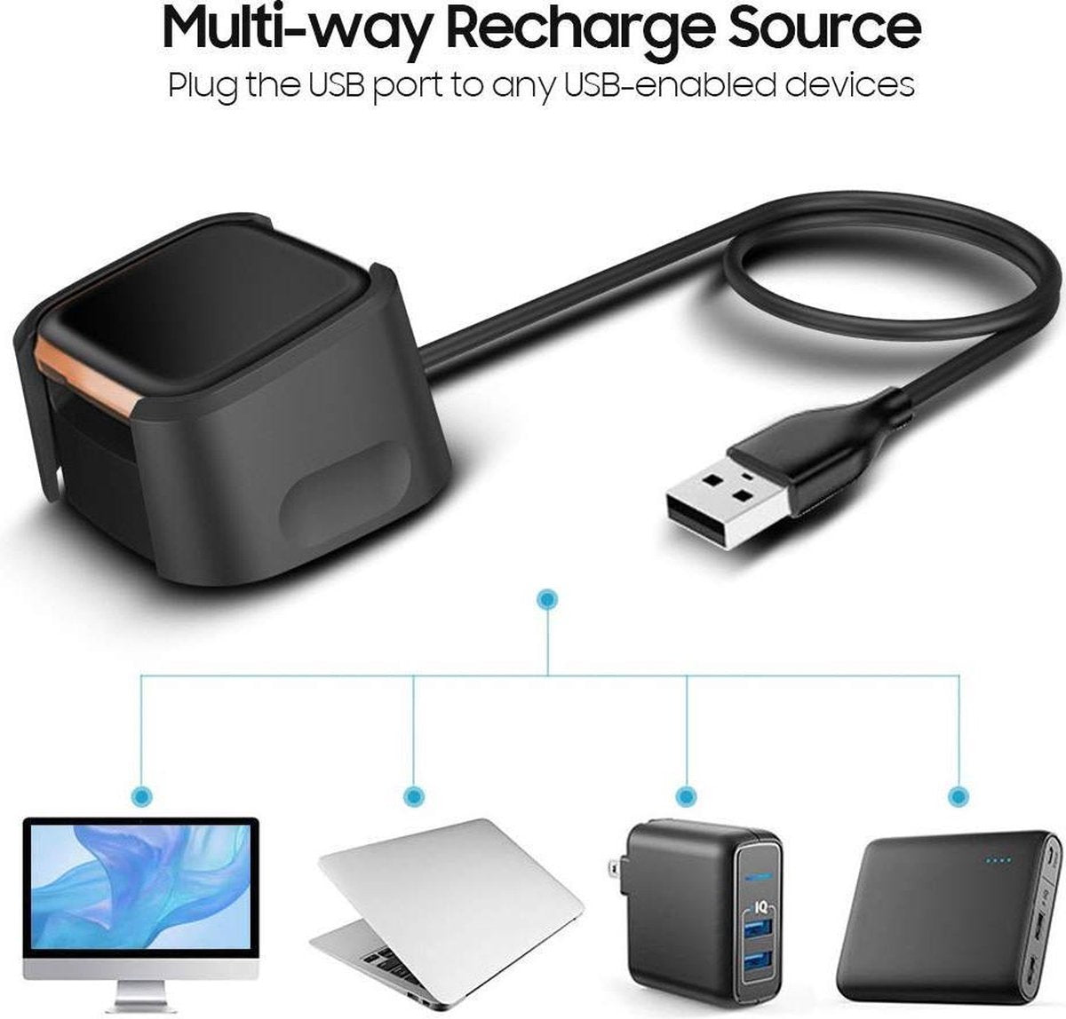 YONO Oplader geschikt voor Fitbit Versa 2 – Oplaadkabel - Zwart