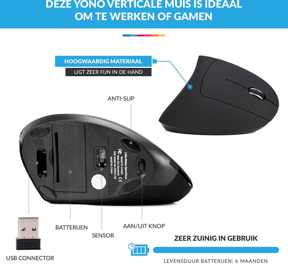 YONO Ergonomische Muis Rechtshandig – Verticale Laptop en Computermuis – Draadloos met USB Connector - Zwart