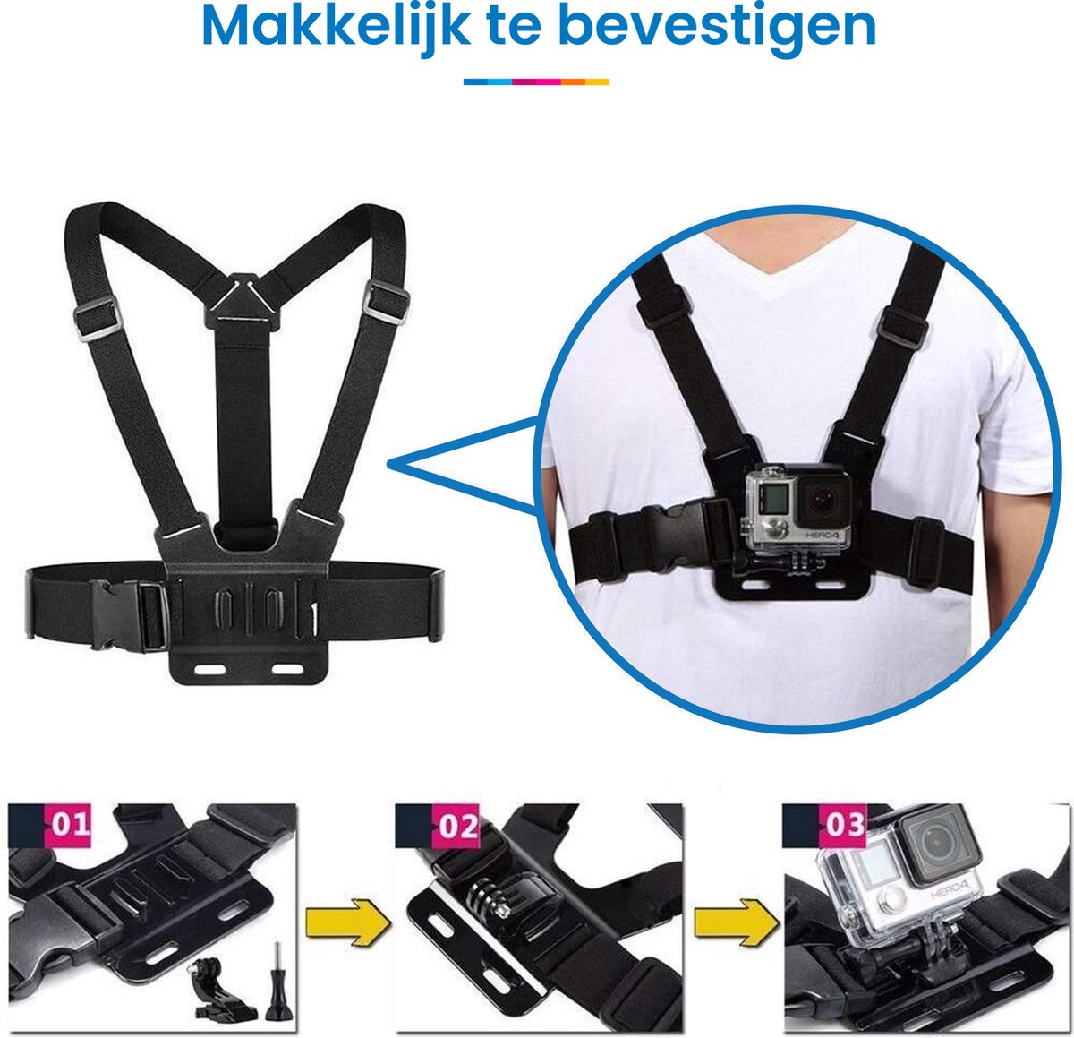 YONO Accessoires Set geschikt voor GoPro en Action Cams - Borst Harnas - Hoofdband - Stick - Mounts - Opbergzakje