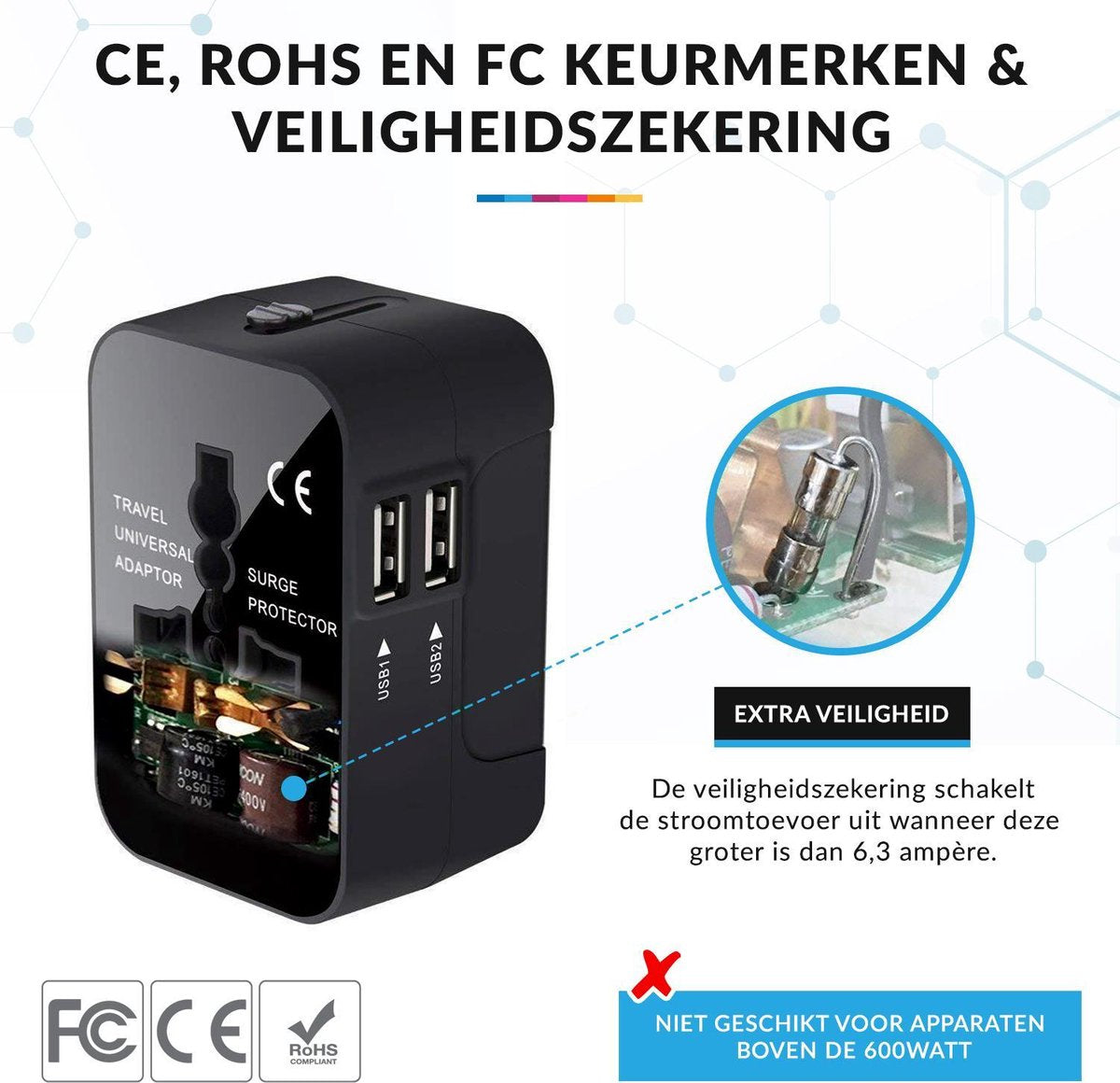 YONO Wereldstekker Universeel met 2 Fast Charge USB Poorten – Internationale Reisstekker geschikt voor 170+ Landen - Amerika/Engeland/UK/Italie/Australië/Japan/Type A/G – Zwart