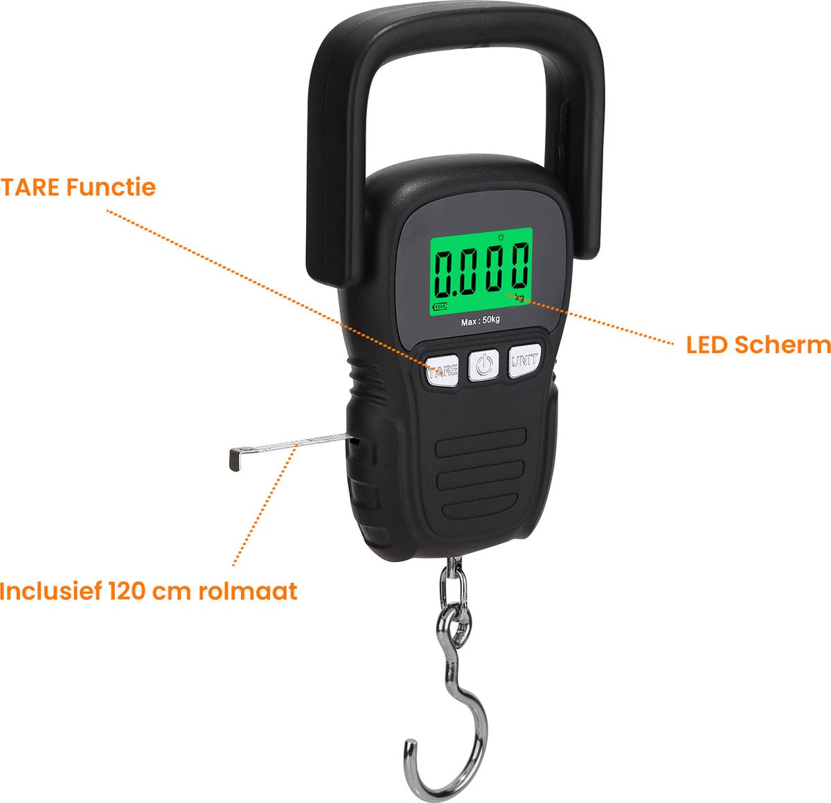 YONO Kofferweegschaal met Meetlint - Hangweegschaal tot 50kg - Bagageweegschaal - Bagageweger - Luggage Scale - Vis Weegschaal - Inclusief Batterijen en Rolmaat 120cm - Zwart