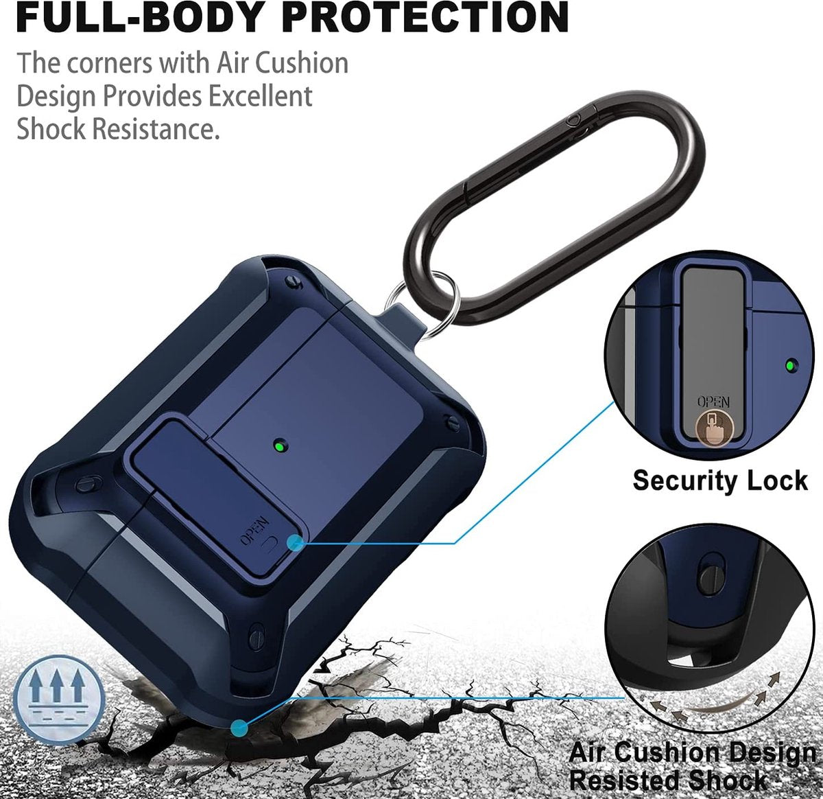 YONO Hoesje geschikt voor Airpods Pro 1 / 2 - Armor Case met Lock - Donkerblauw