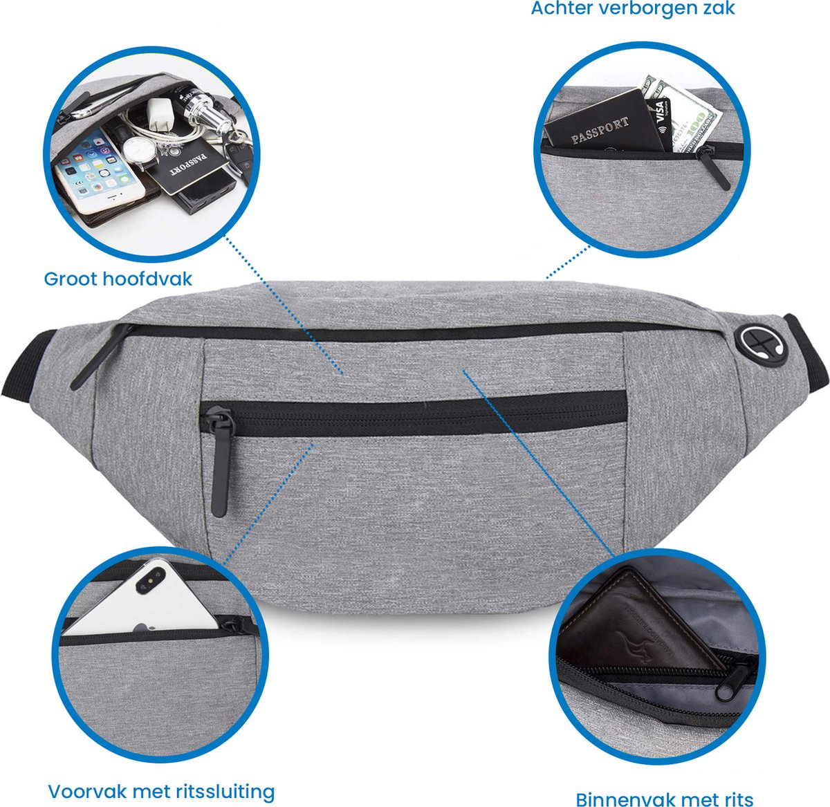 YONO Heuptas Large - Fanny Pack geschikt voor Reizen / Wandelen / Sport / Smartphone / Paspoort - Telefoontasje Crossbody - Heuptasje voor Dames en Heren - Buideltasje - Lichtgrijs