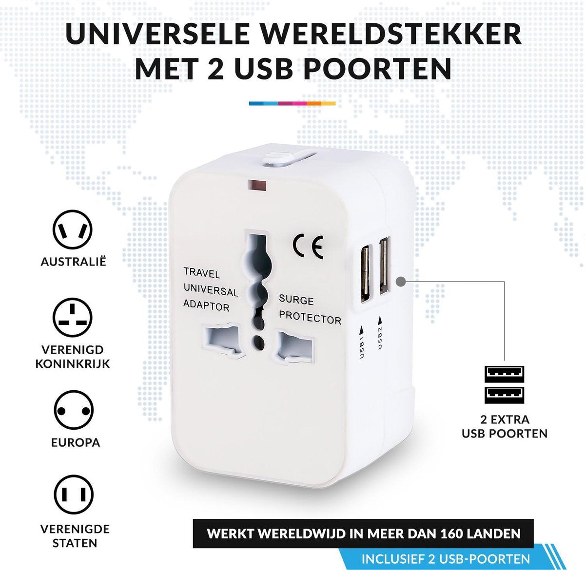 YONO Wereldstekker Universeel met 2 Fast Charge USB Poorten – Internationale Reisstekker geschikt voor 170+ Landen - Amerika/Engeland/UK/Italie/Australië/Japan/Type A/G – Wit