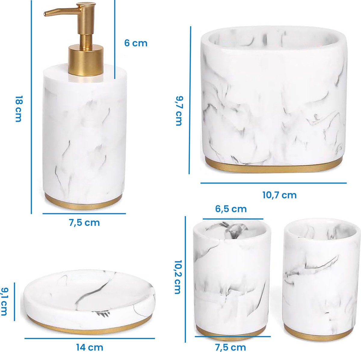 YONO Badkamer Accessoires Set - Zeeppompje - Zeepbakje - Tandenborstel Houder - Beker - Marmerlook Wit Goud