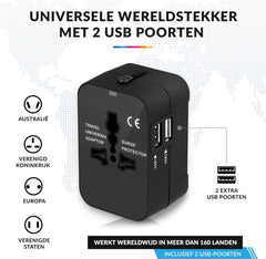 YONO Wereldstekker Universeel met 2 Fast Charge USB Poorten – Internationale Reisstekker geschikt voor 170+ Landen - Amerika/Engeland/UK/Italie/Australië/Japan/Type A/G – Zwart