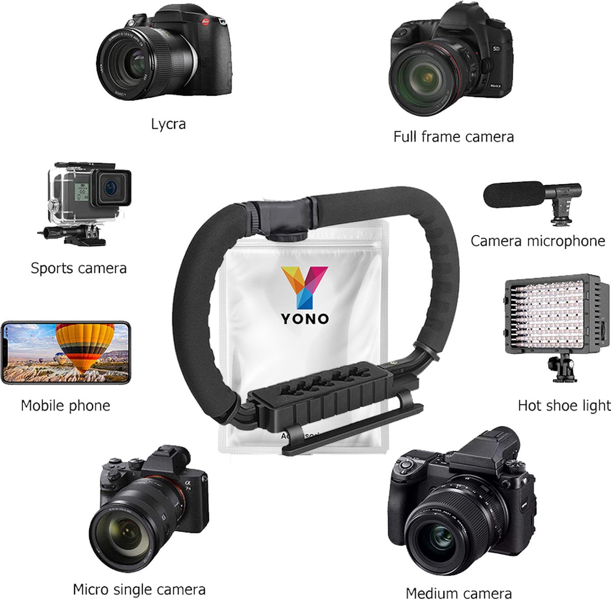 YONO Stabilisator Statief Handheld voor Camera en Accessoires - Professionele Stabilizer Handheld Beugel geschikt voor Actioncam / Smartphone / Videorecorder / Vlog / Youtube / Tiktok / Lamp / Microfoon - Zwart