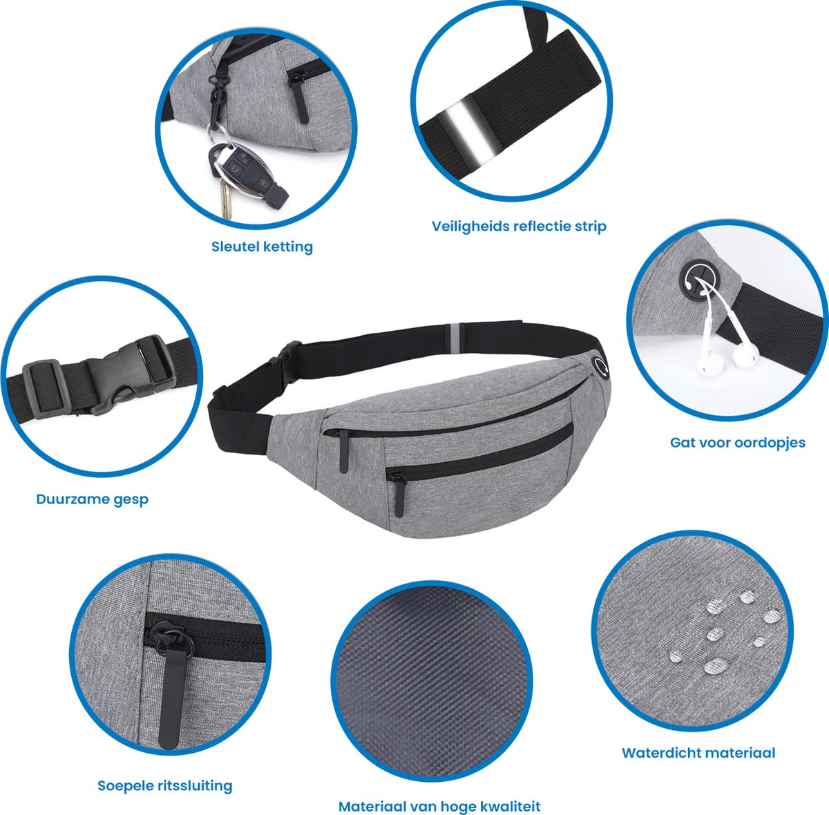 YONO Heuptas Large - Fanny Pack geschikt voor Reizen / Wandelen / Sport / Smartphone / Paspoort - Telefoontasje Crossbody - Heuptasje voor Dames en Heren - Buideltasje - Lichtgrijs