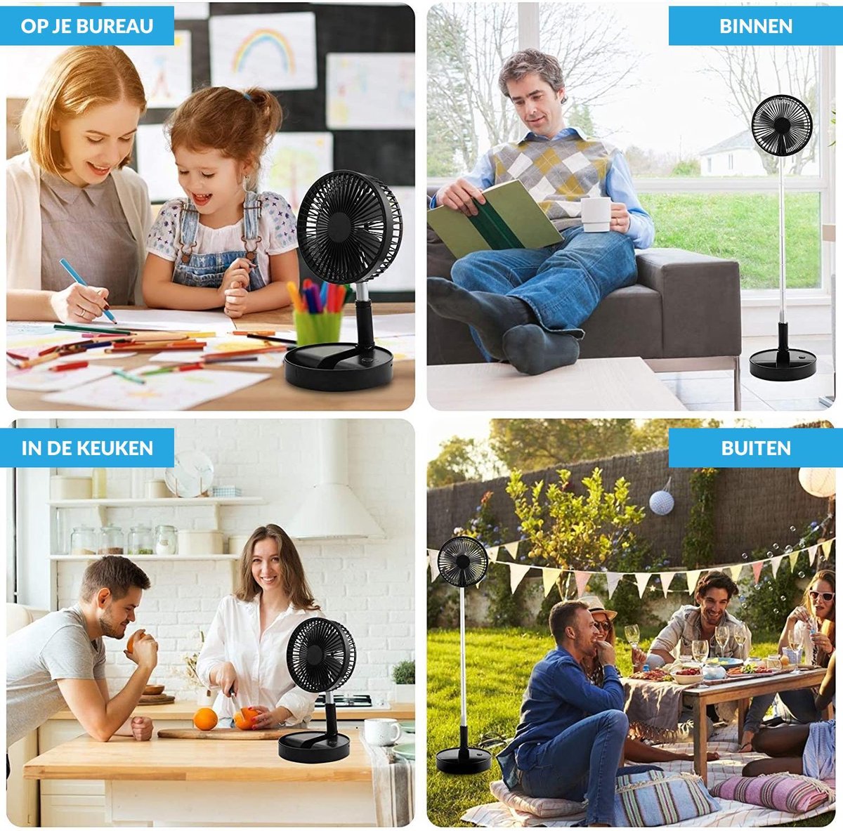 YONO Telescopische Ventilator Staand – Verstelbare Statiefventilator met Accu – USB Tafelventilator Draadloos – Zwart