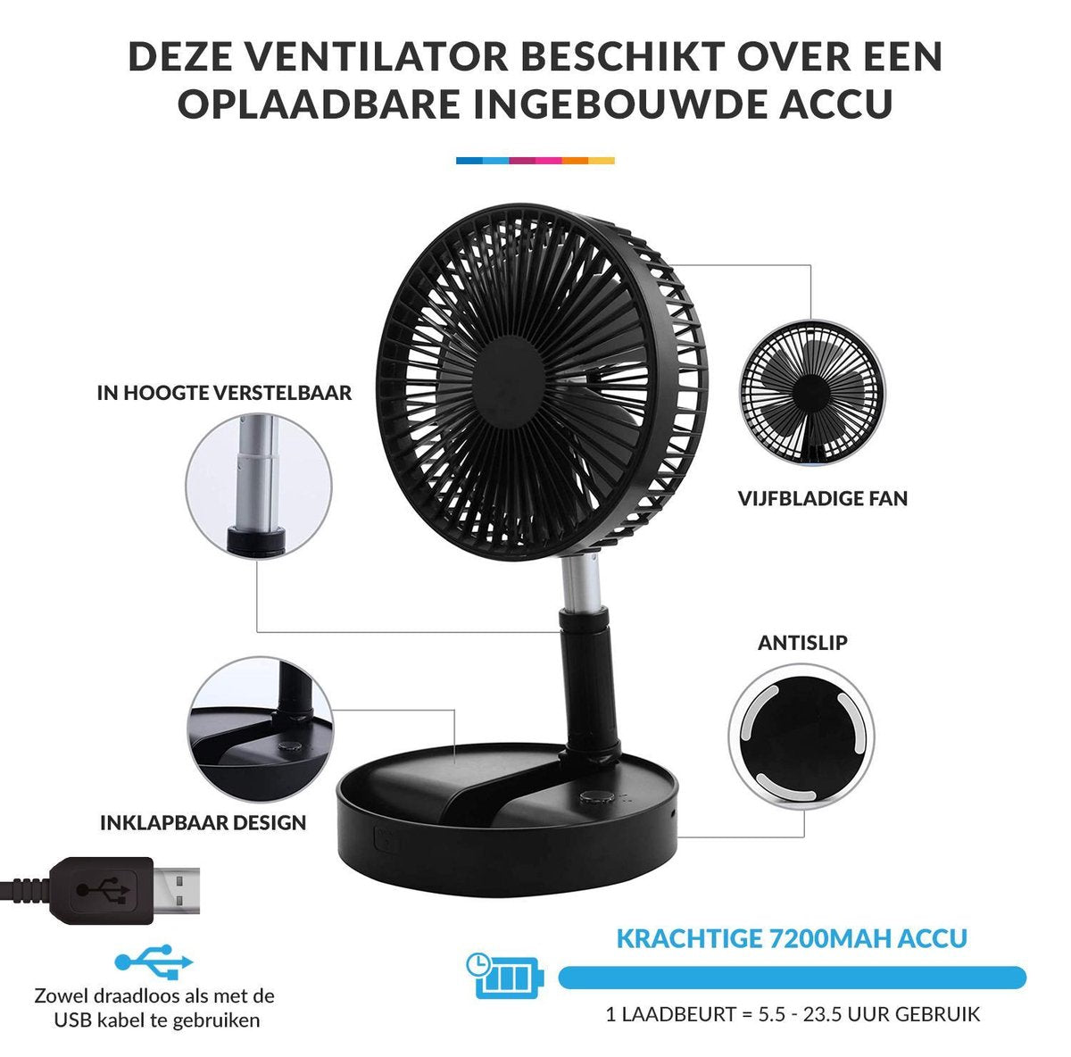 YONO Telescopische Ventilator Staand – Verstelbare Statiefventilator met Accu – USB Tafelventilator Draadloos – Zwart