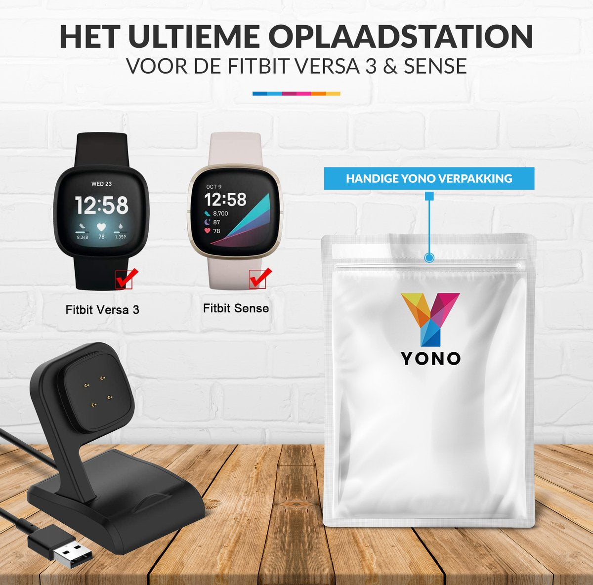 YONO Oplader Dock geschikt voor Fitbit Versa 3 / 4 / Sense - Oplaadkabel – Stand – Zwart