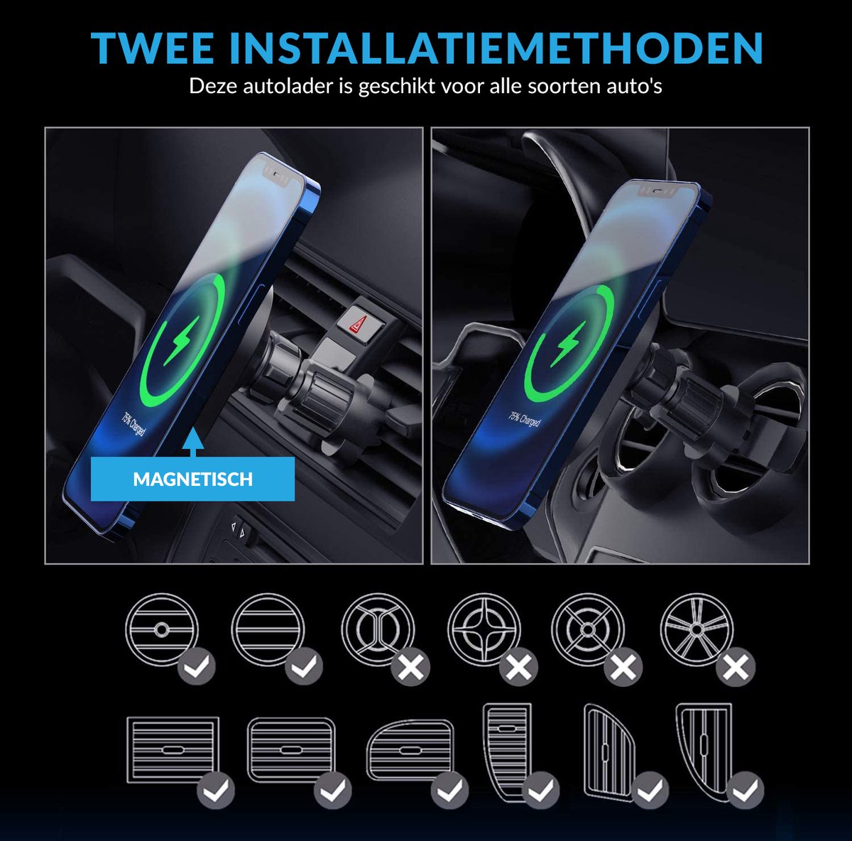 YONO Autohouder geschikt voor Apple iPhone 14 / 13 / 12 / Mini / Pro / Max Mag-safe - Draadloze Oplader met Magneet voor Auto - Magnetische Telefoonhouder Ventilatie - Autolader Houder - Zwart