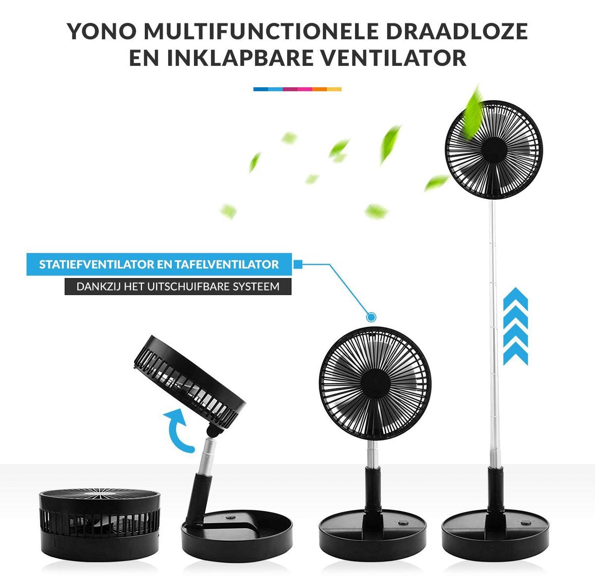 YONO Telescopische Ventilator Staand – Verstelbare Statiefventilator met Accu – USB Tafelventilator Draadloos – Zwart