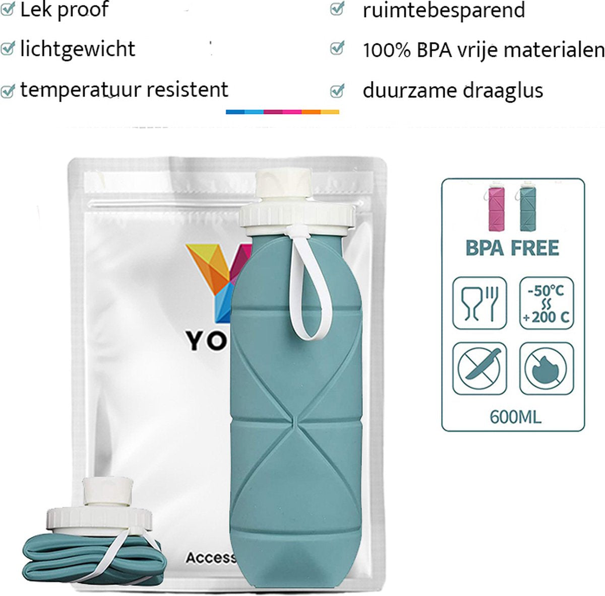 YONO Opvouwbare Waterfles - Siliconen Drinkfles voor Onderweg - Compact en BPA-vrij - 600 ML - Leisteen