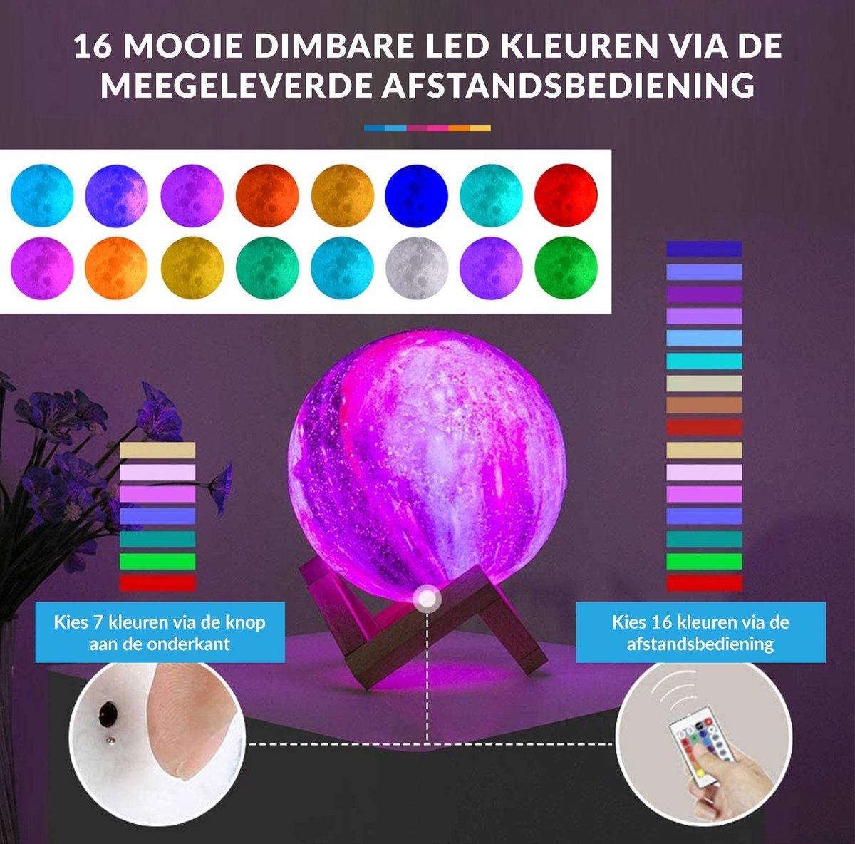 YONO Galaxy Maanlamp Draadloos - Tafellamp met LED Verlichting - Moon Planeet Lamp - Kinderkamer - Slaapkamer - 18cm