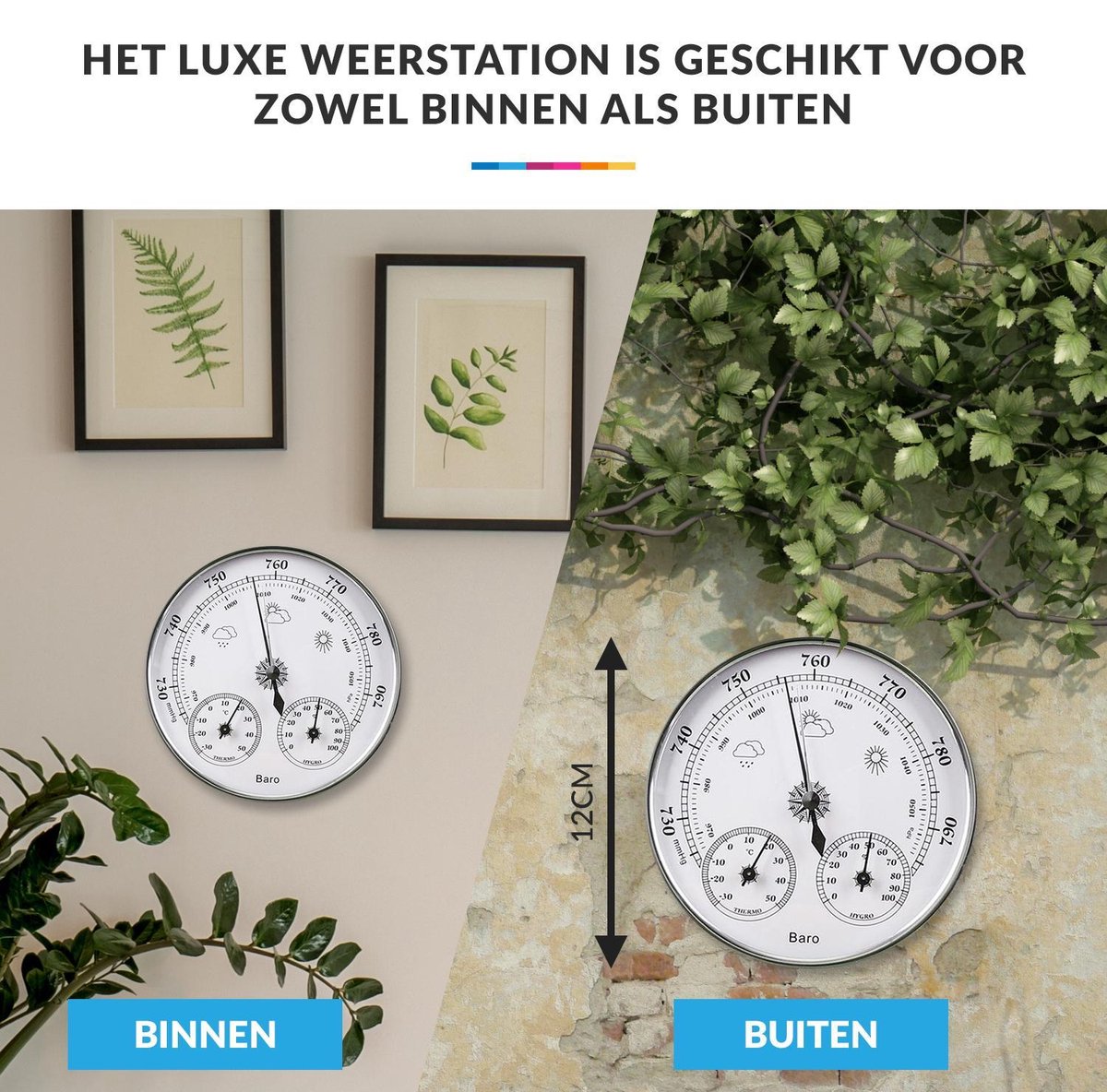 Luxe Barometer Weerstation met Thermometer Hygrometer Messing Zilverkleurig – Voor Binnen en Buiten