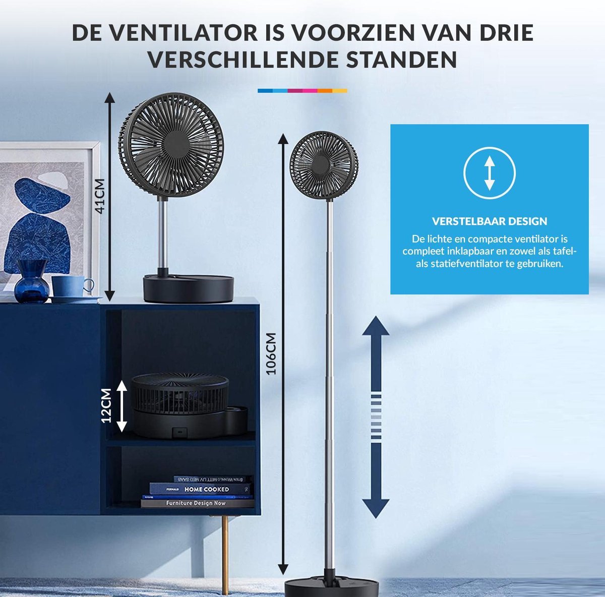 YONO Telescopische Ventilator Staand – Verstelbare Statiefventilator met Accu – USB Tafelventilator Draadloos – Zwart