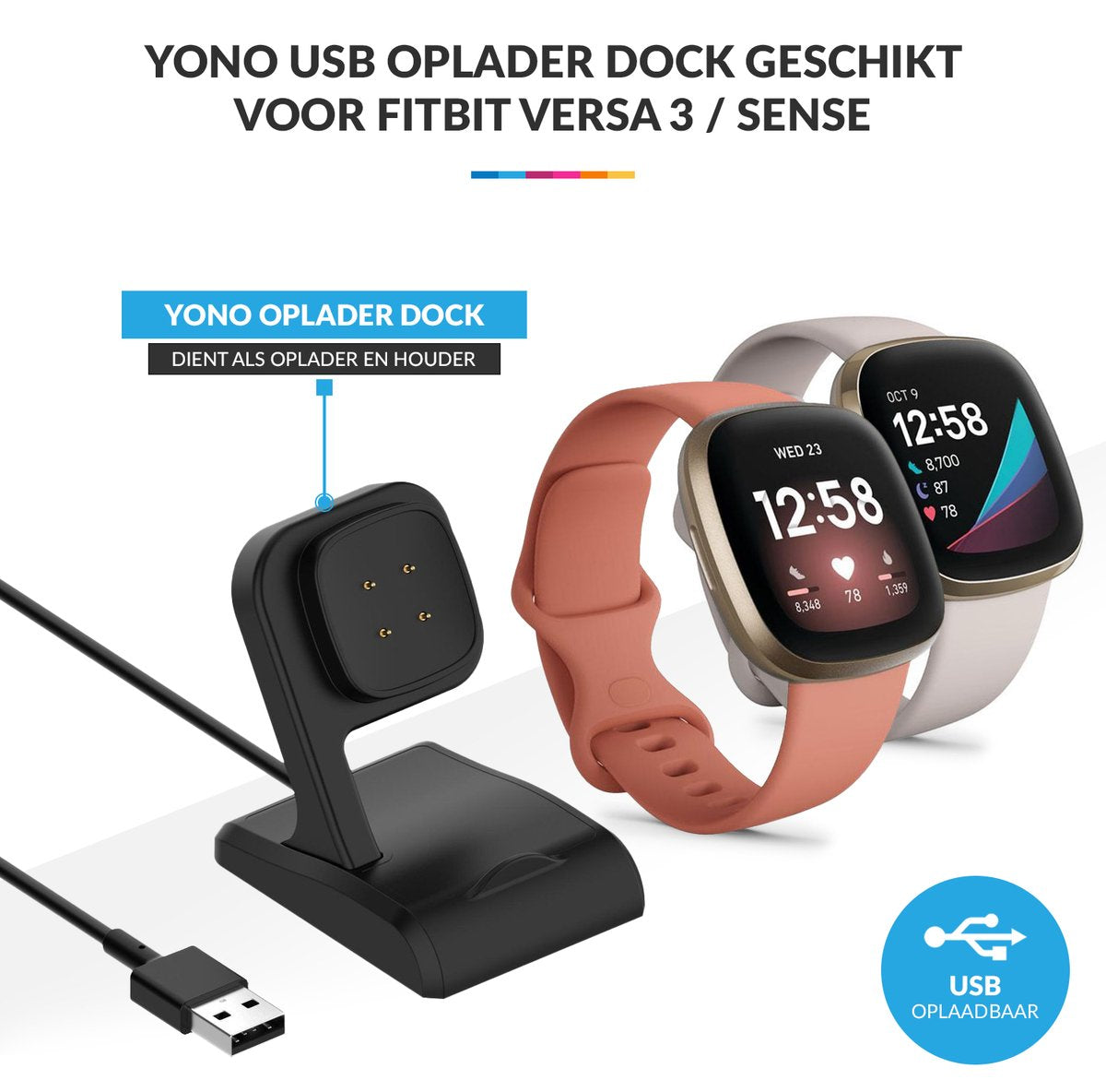YONO Oplader Dock geschikt voor Fitbit Versa 3 / 4 / Sense - Oplaadkabel – Stand – Zwart