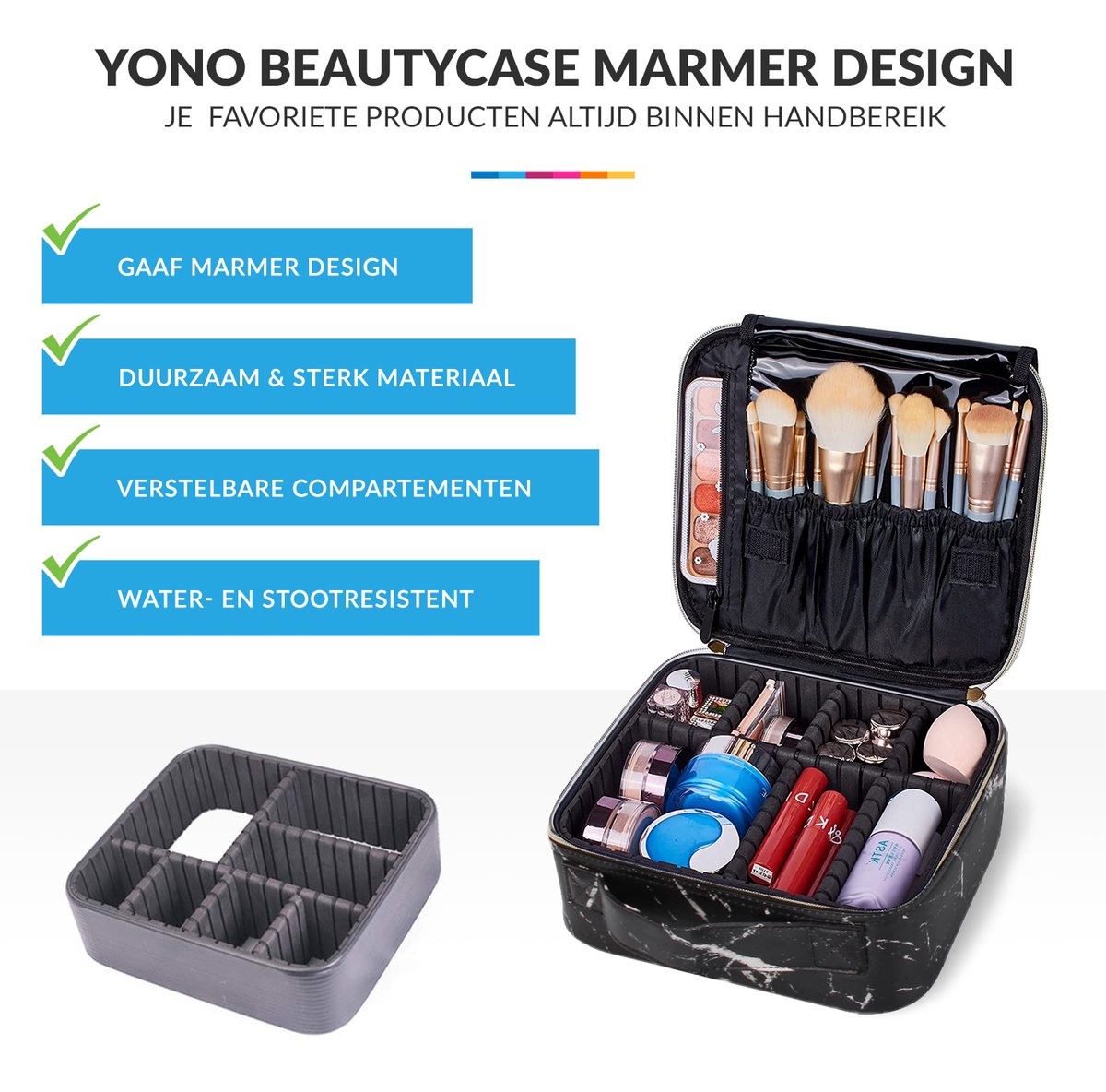 YONO Beautycase Marmer Design - Make Up Koffer Dames – Makeup Organizer – Tas voor Cosmetica – Reis Toilettas – Zwart