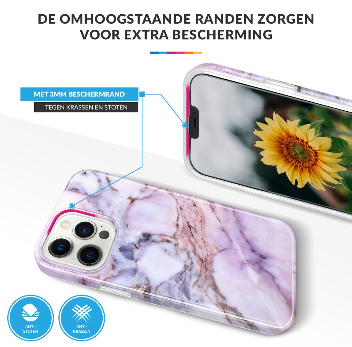 YONO Hoesje geschikt voor iPhone 13 Pro - Shock Proof Case - Marmer Lichtpaars