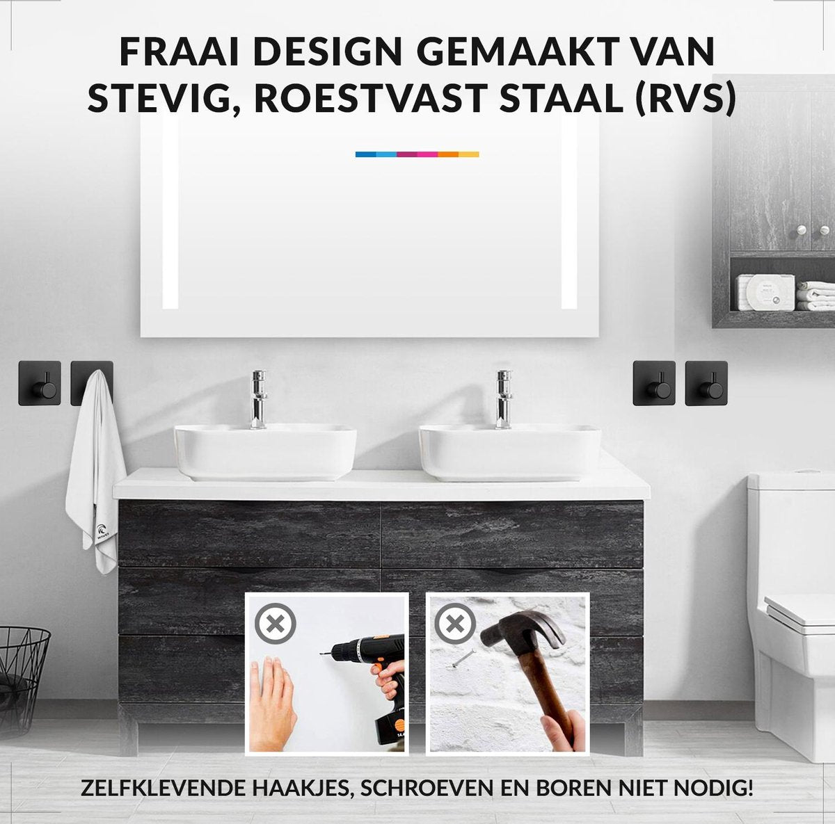 YONO Zelfklevende Haakjes – RVS Ophanghaakjes – Ultra Sterke Plakhaakjes – 4 Stuks – Zwart