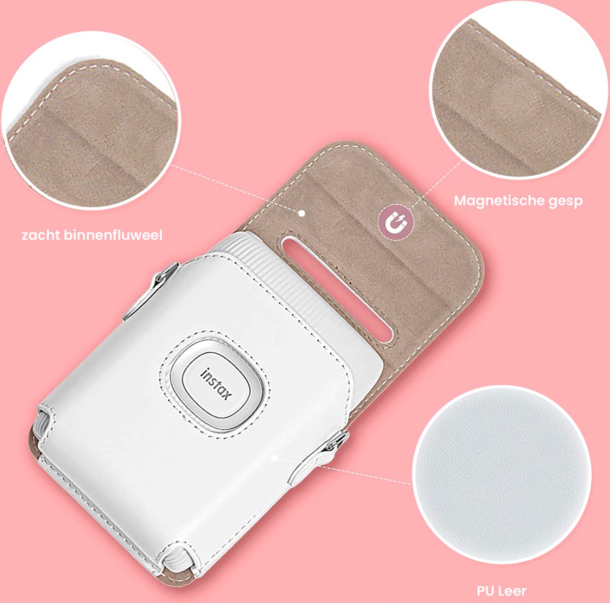 YONO Case geschikt voor Fujifilm Instax Mini Link 2 - Leren Hoesje met Draagriem - Tasje - Beschermhoes - Wit