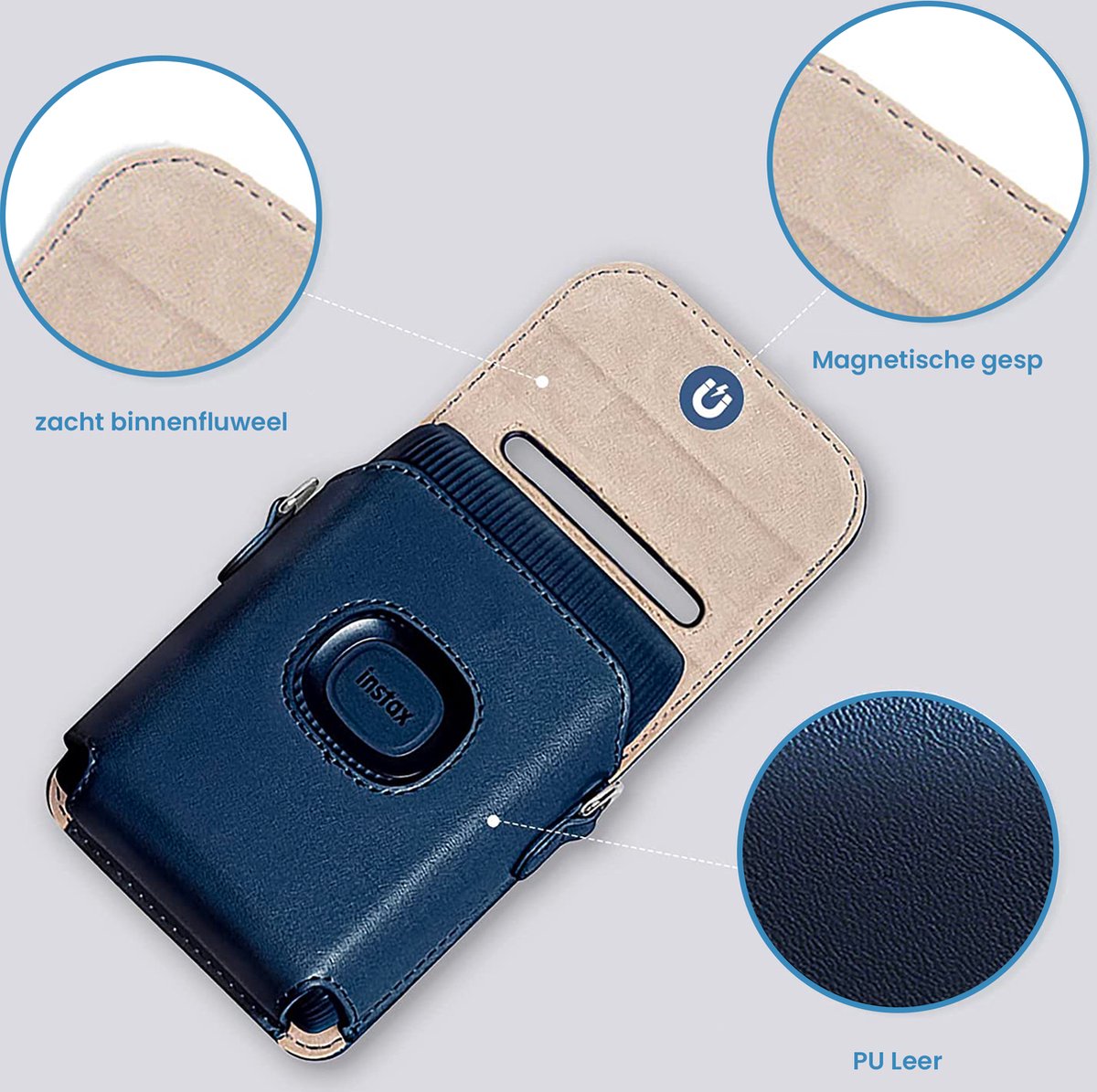 YONO Case geschikt voor Fujifilm Instax Mini Link 2 - Leren Hoesje met Draagriem - Tasje - Beschermhoes - Donkerblauw